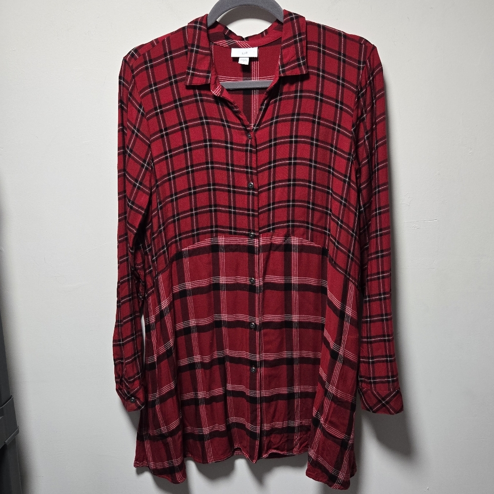 J. Jill Red Plaid Button-Up Tunic Top Size Small Oversized Long Sleeve Holidays